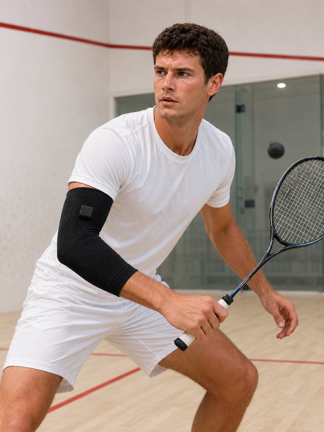 Badminton player wearing SwingFlux sleeve
