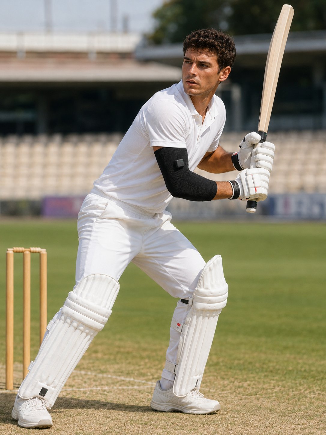 Cricket batsman wearing SwingFlux sleeve