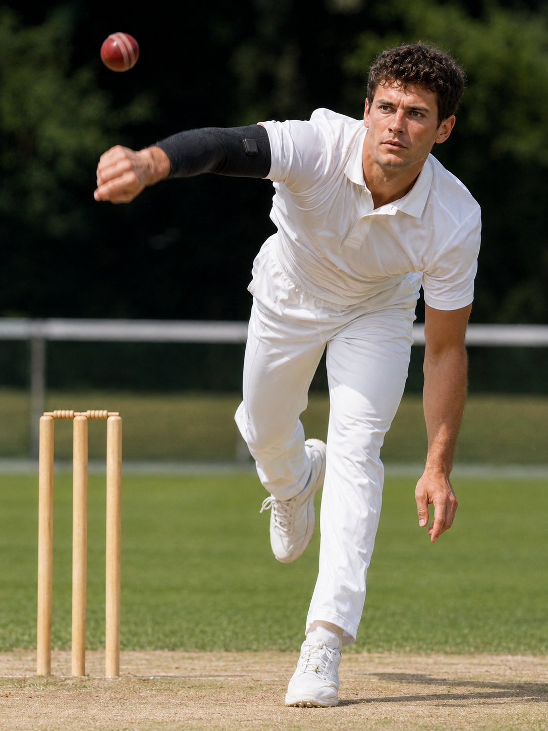 Cricket bowler wearing SwingFlux sleeve