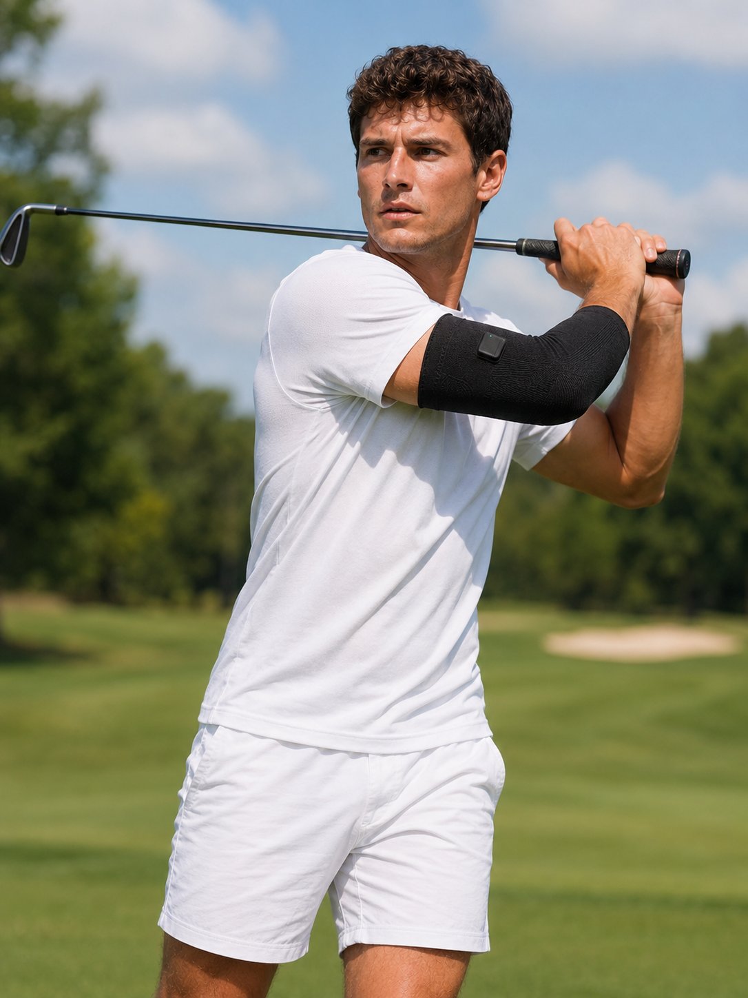 Golfer wearing SwingFlux elbow sleeve