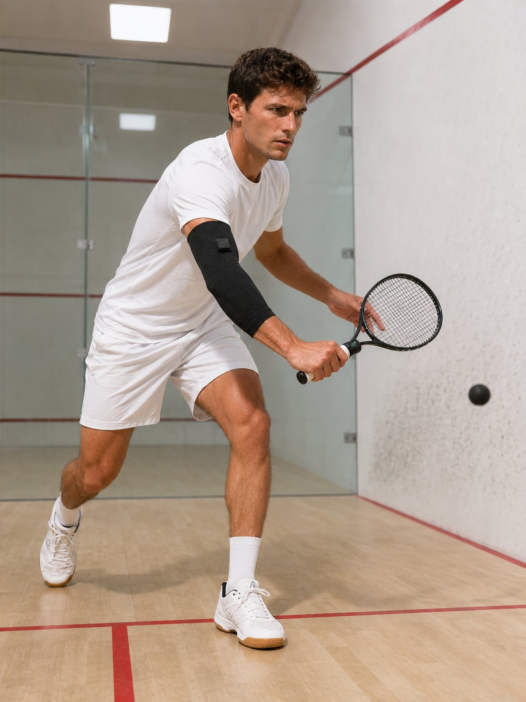 Squash player wearing SwingFlux sleeve